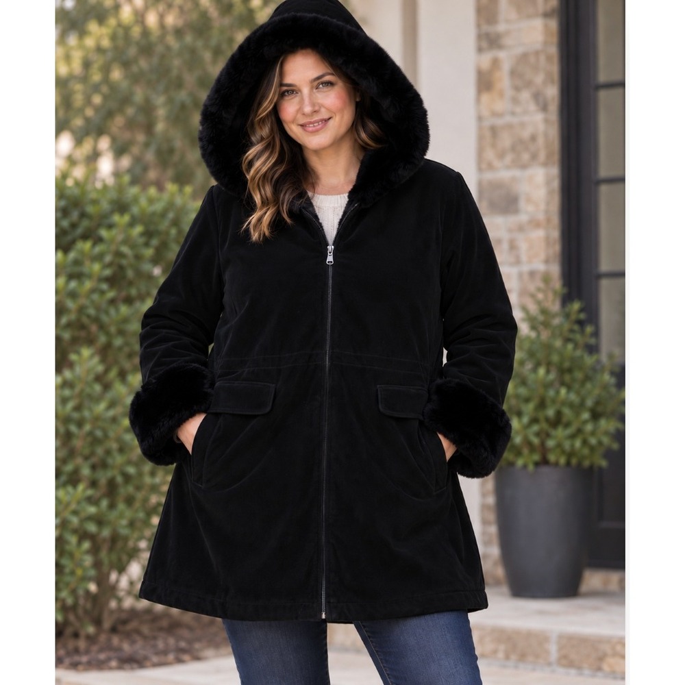 Gallery Woman Black Velvet Faux Fur Trim Hooded Parka Coat Quilted Lining 3X